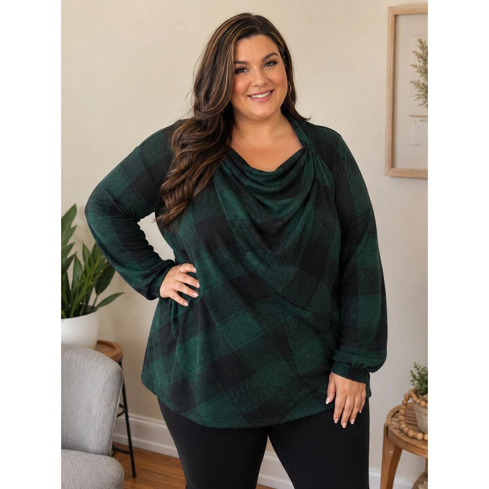Maurices 2X Green Black Buffalo Plaid Cowl Neck Lightweight Sweater